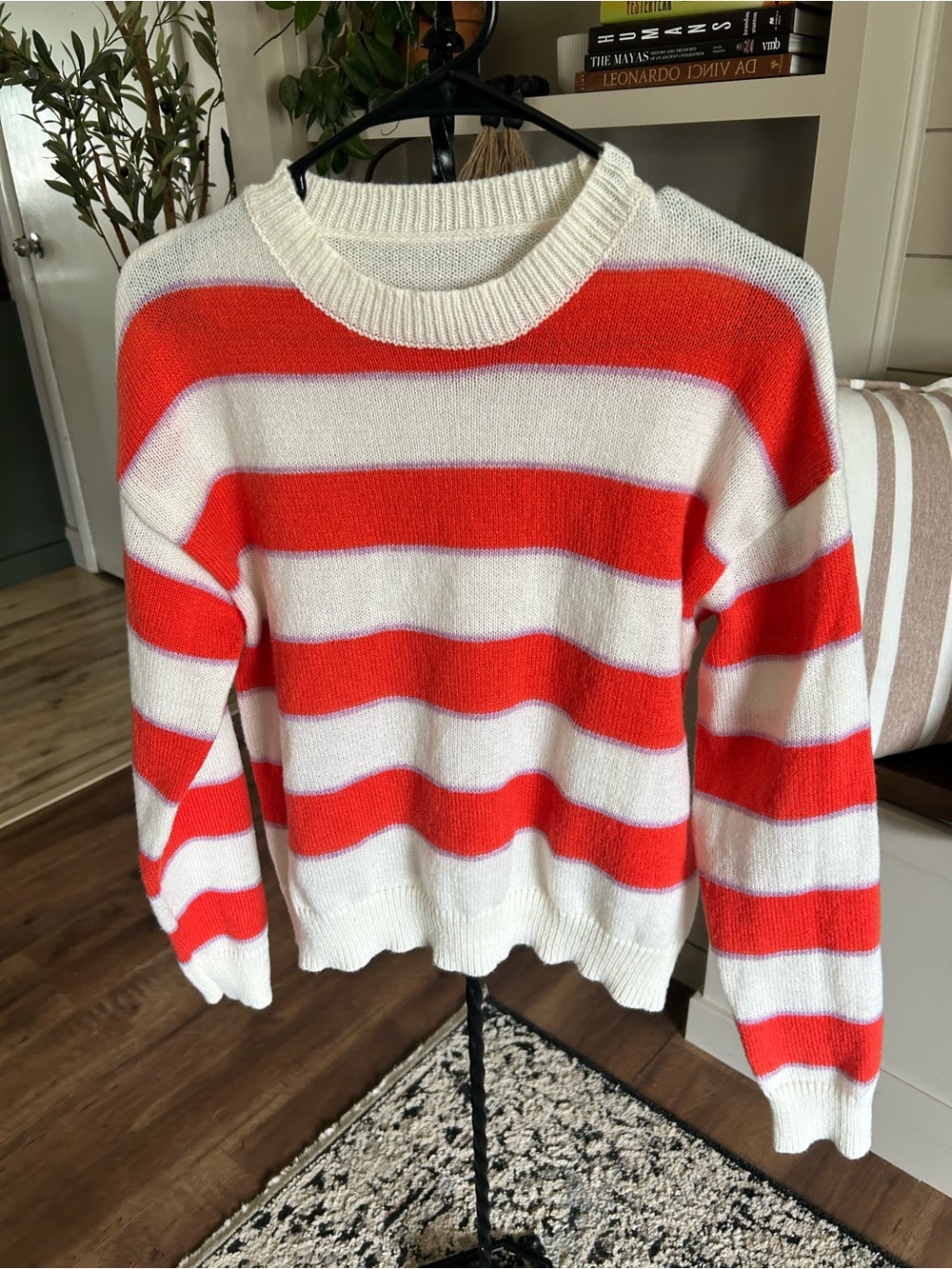 Striped Crewneck Sweater - Red and Cream with purple
